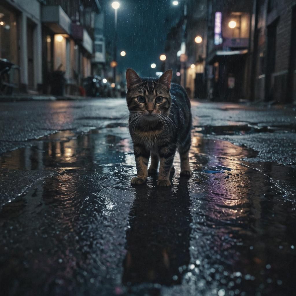 Cat Stares at Starry Reflection in Noir Style