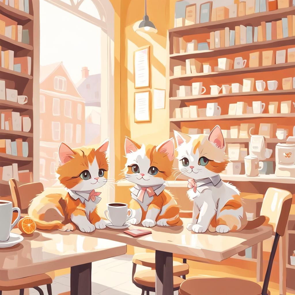 Calico Kittens Play in a Library Coffee Shop