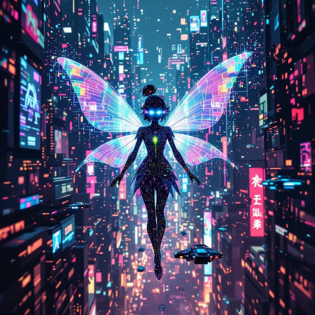 Digital Fairy Flits Through Neon Cyberpunk Cityscape