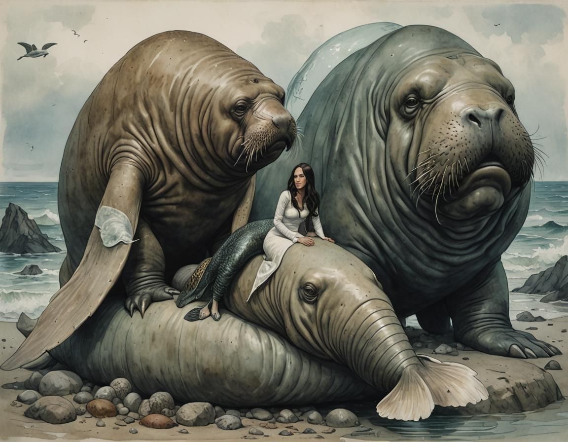 a walrus  hogging a mermaid