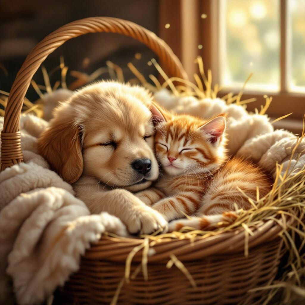 Fluffy Puppy and Kitten Cuddling in Basket