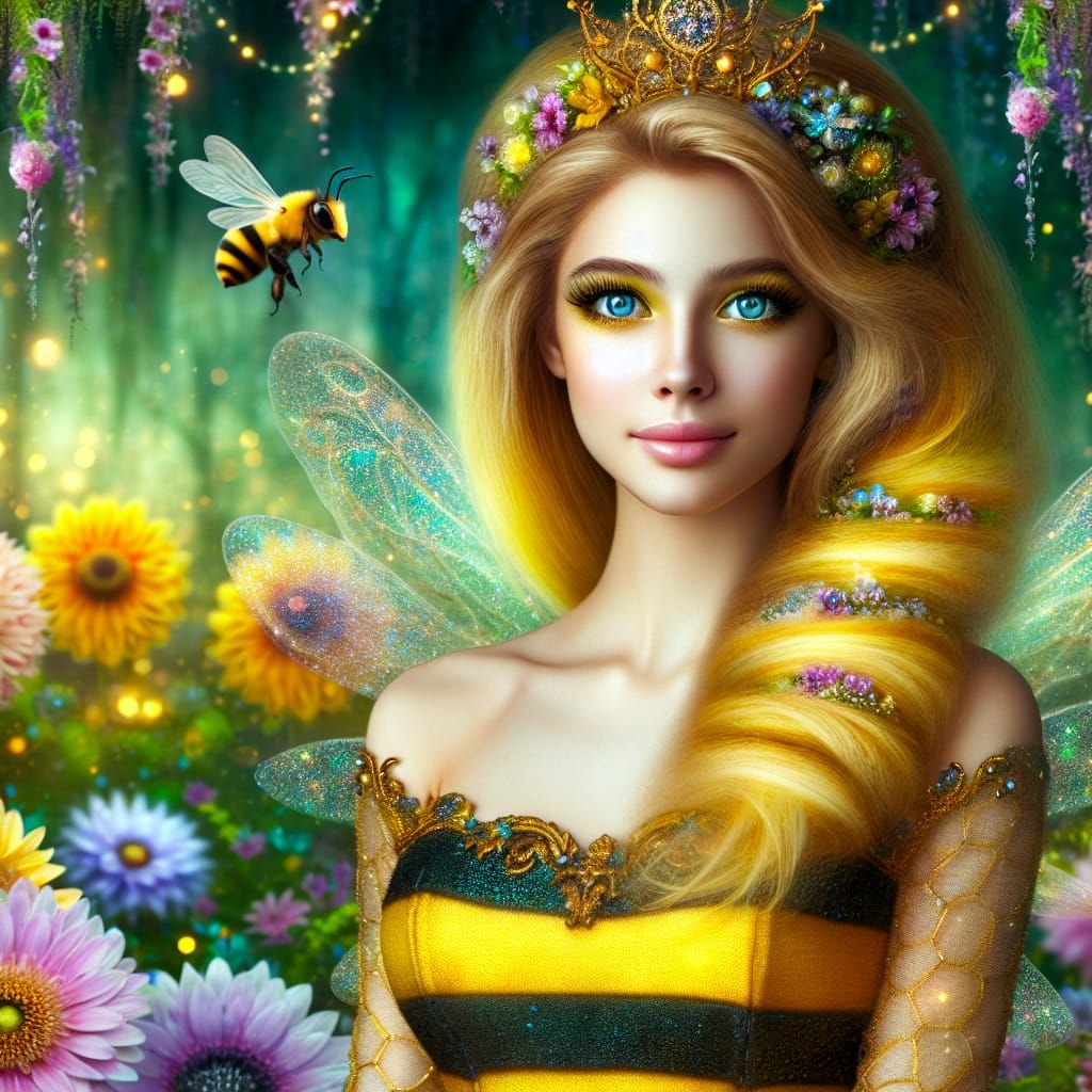 Queen Bee Woman in Magical Flower Meadow