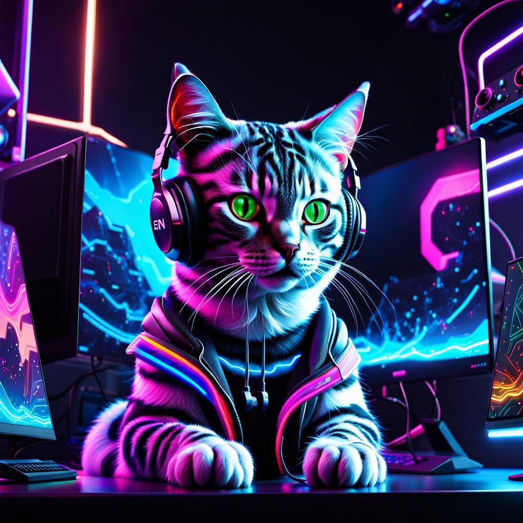 Hyperdetailed Humanoid Cat Gamer in Neon Vaporwave Style