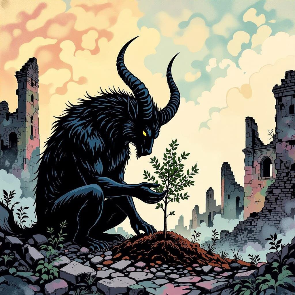 Mythical Beast Plants Olive Tree in Ruined City