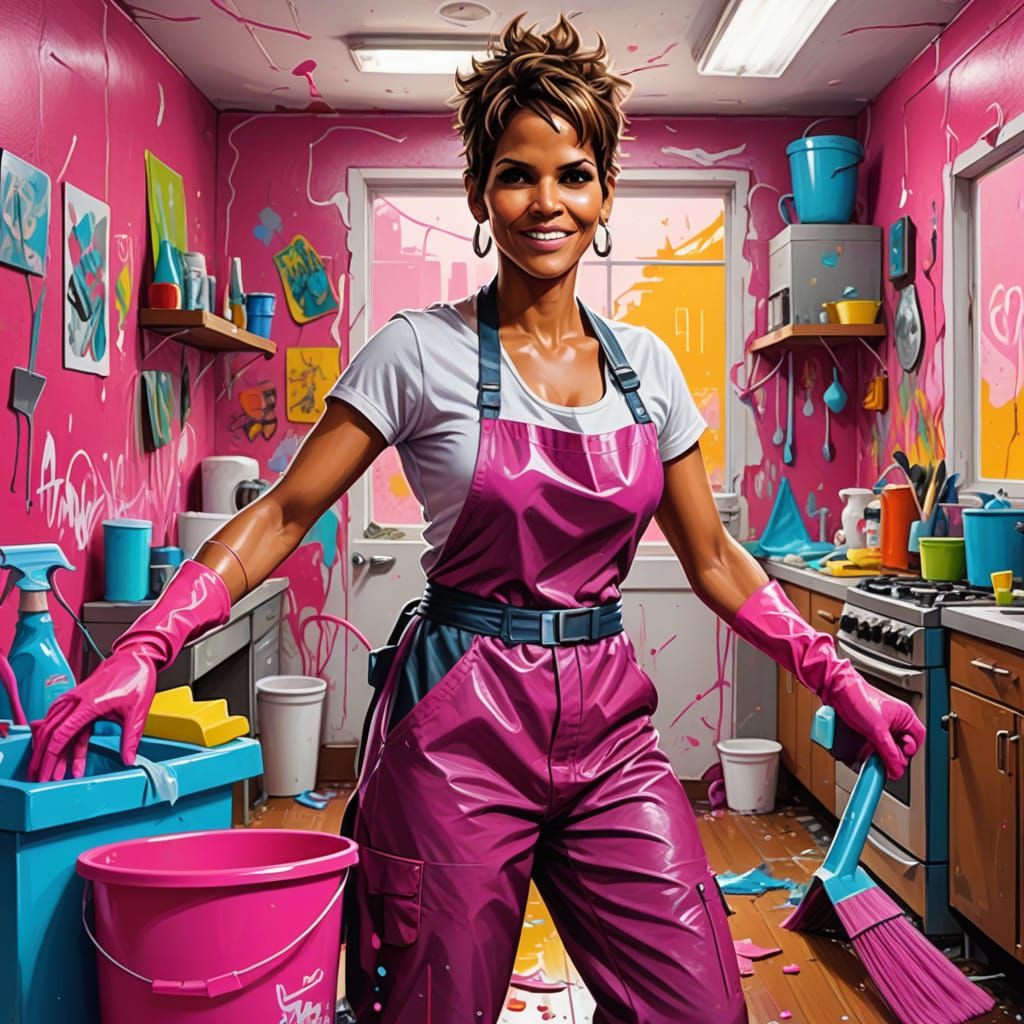 Halle Berry as Futuristic Cleaning Lady in Graffiti Art