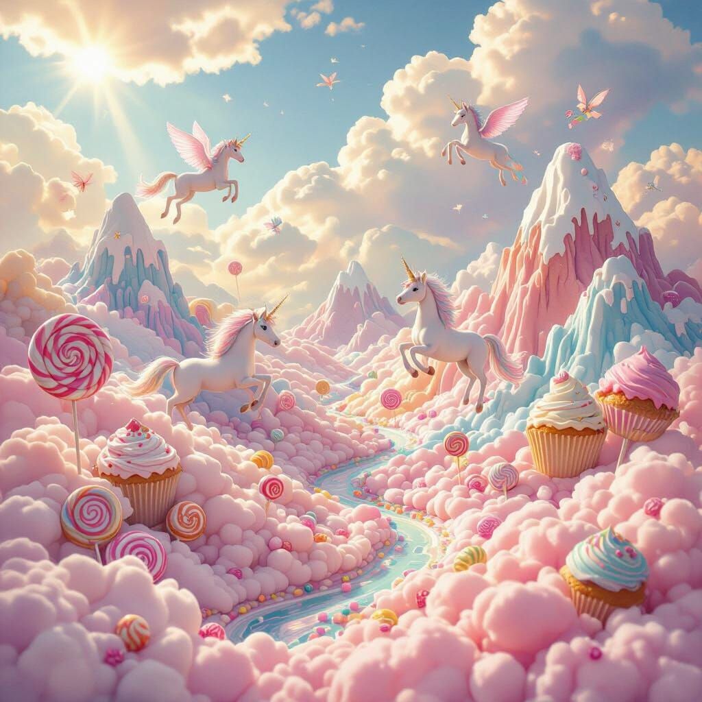 Candy Cloud Landscape with Unicorns in Surreal Style