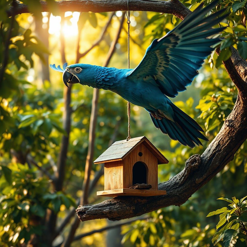 Macaw Soaring Above Birdhouse in Sunlight