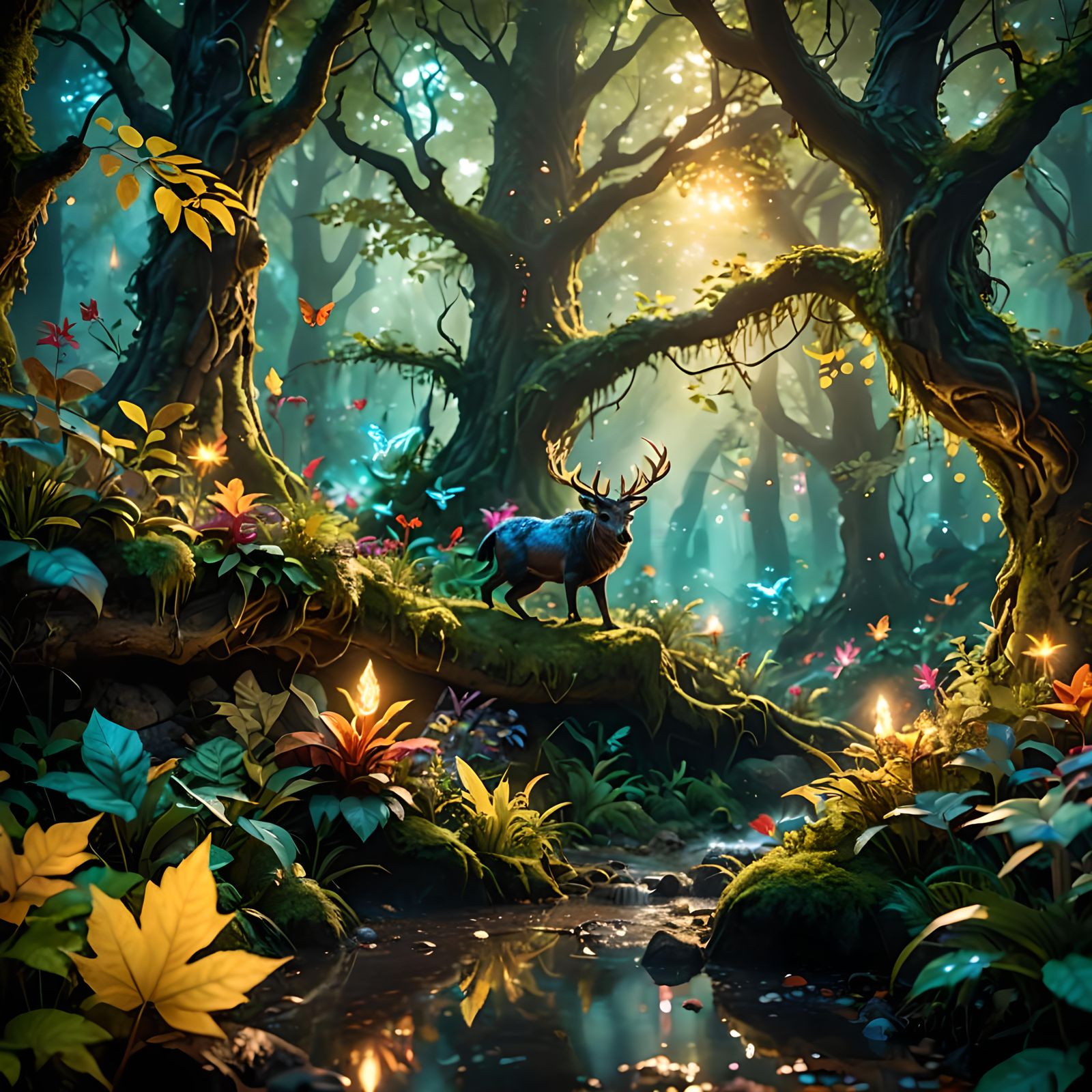 An enchanted forest where the trees have glowing leaves and ...