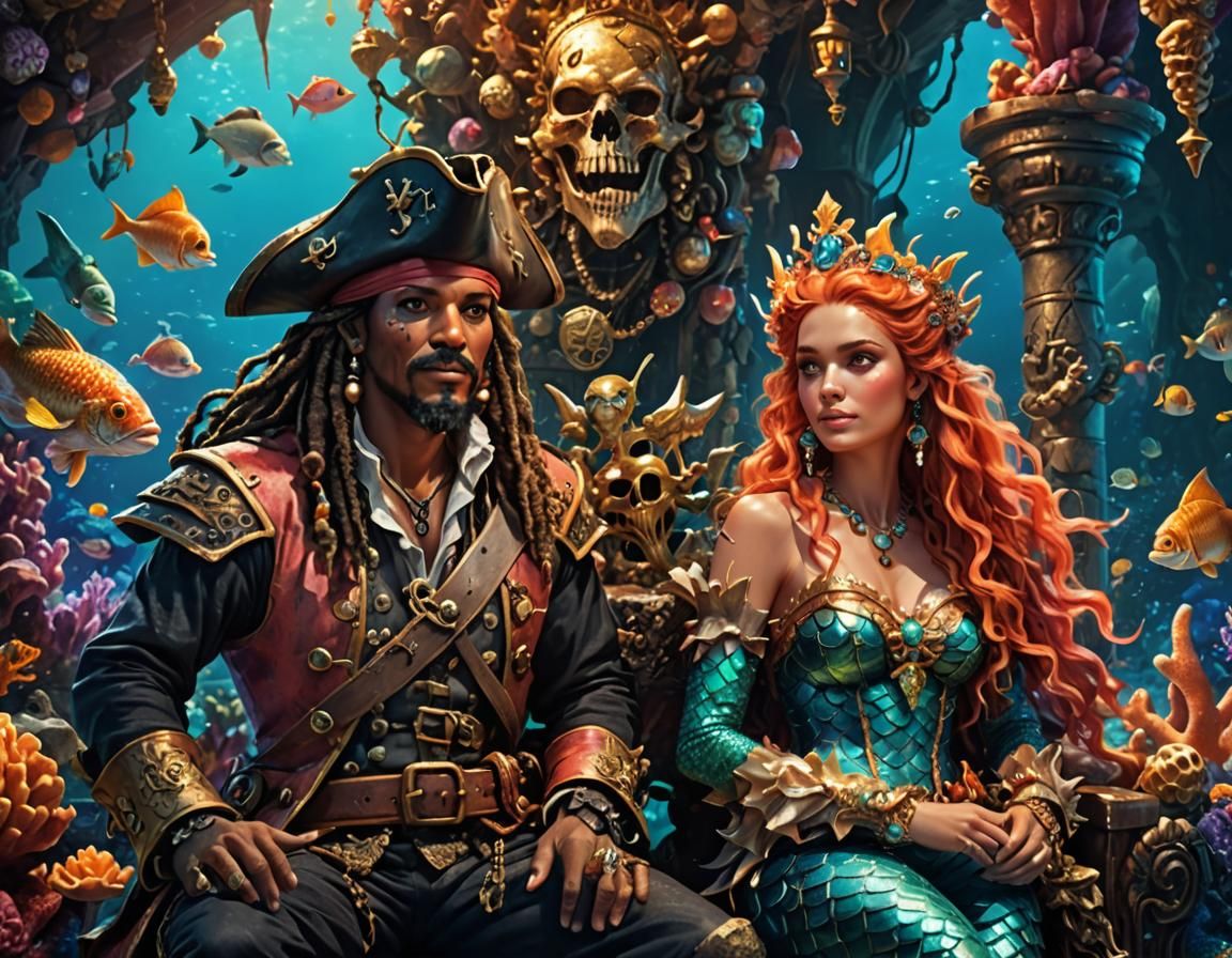 Pirate King and Mermaid Queen on Coral Throne
