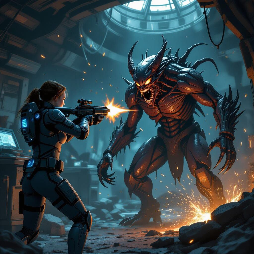 Space Commander Battles Demon in Biomechanical Horror Style