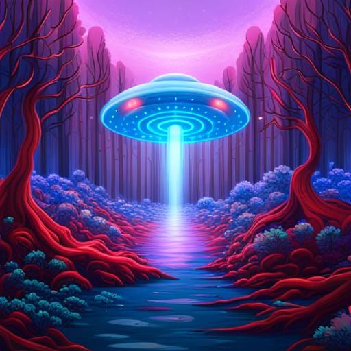 Metallic UFO Over Lilac Forest, Abstract Illustration