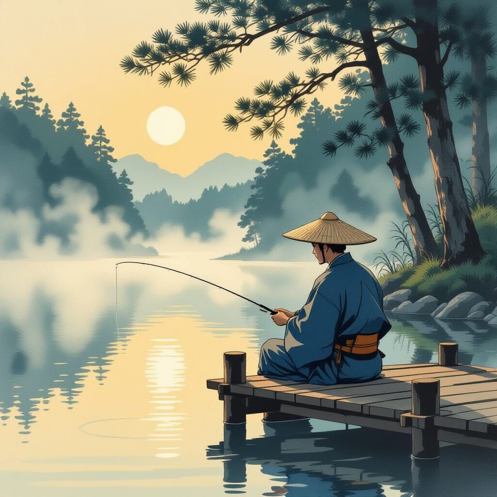 Young Fisherman by Forest Lake at Dawn in Ukiyo-e Style