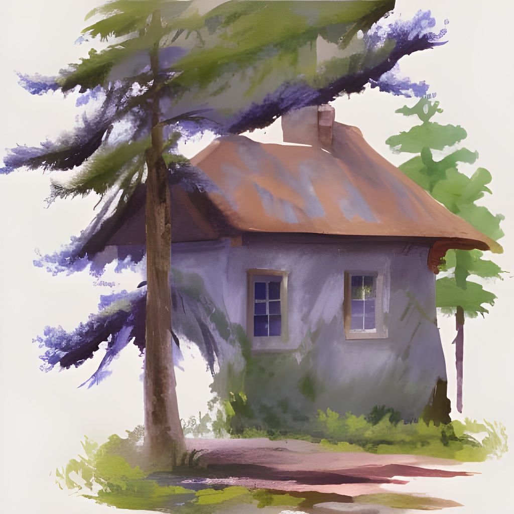 Forest Cottage in Gouache Watercolor Style