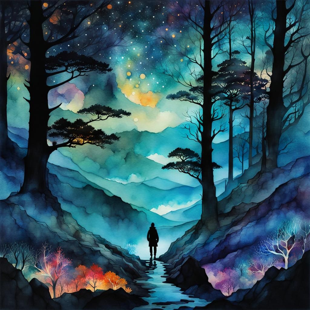 Fantasy Double Exposure Watercolor Landscape