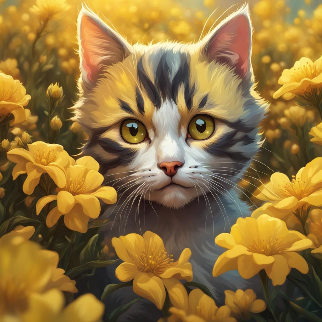 Kitten Portrait in Yellow Flowers, Hyperdetailed Art