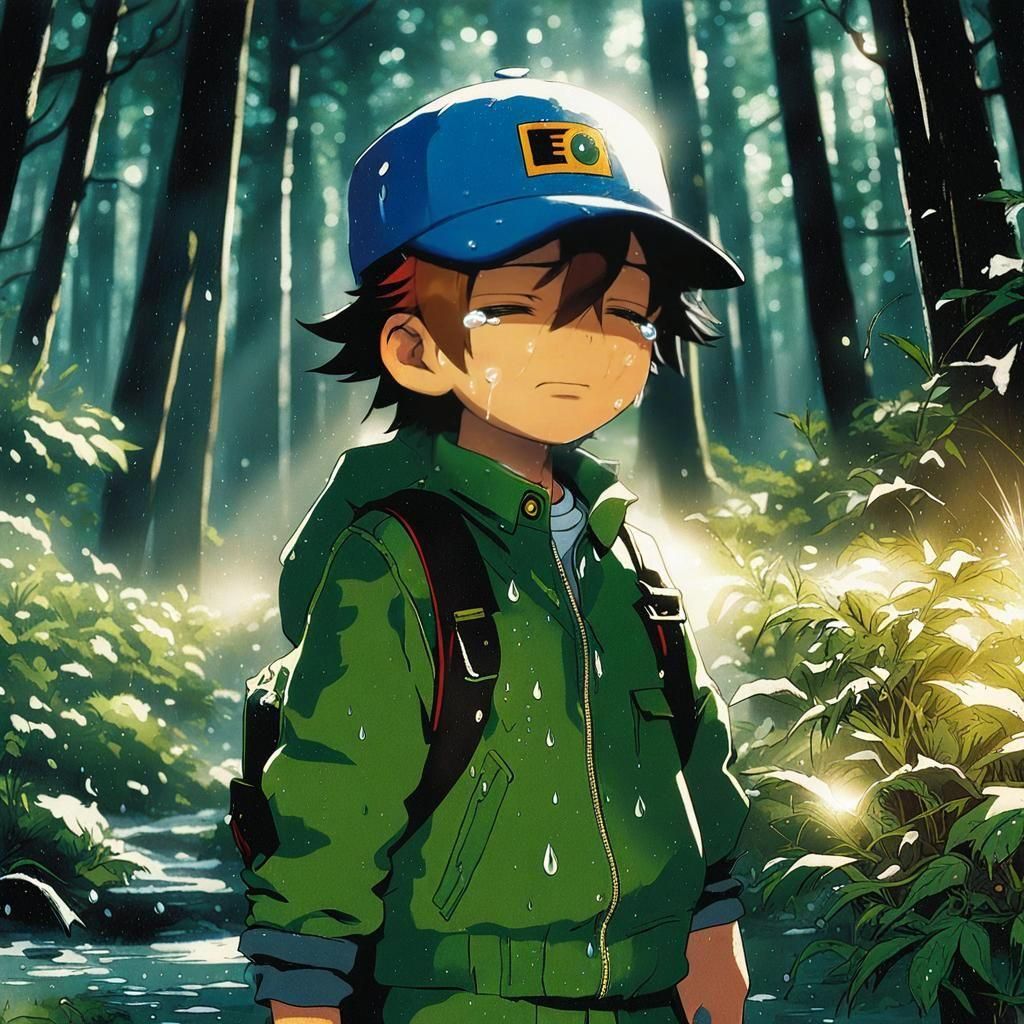Lost Boy Cries in Forest, Cel-Shaded Anime Art