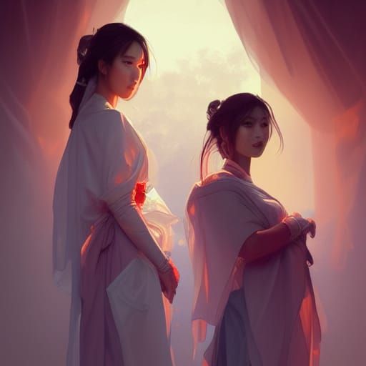 Detailed Portrait of Asian Maids in Hyperrealistic Style