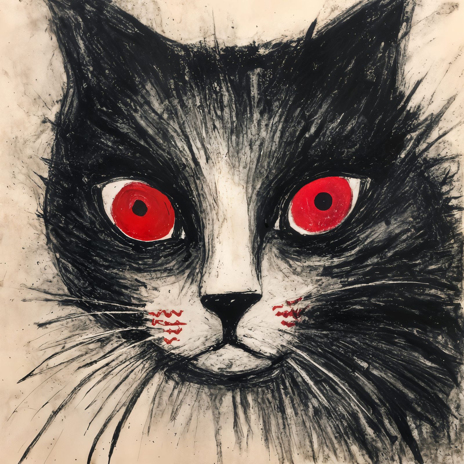 Depressed Red-Eyed Cat in Charcoal Style