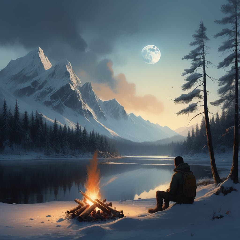 Winter Campsite Scene in a Detailed Matte Painting