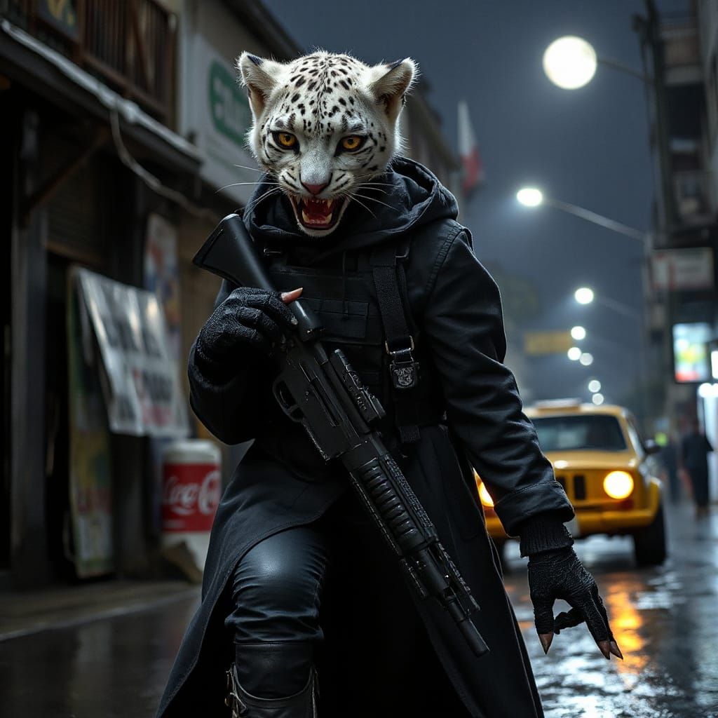 Snow Leopard Vampire Soldier in Rio Favela Street