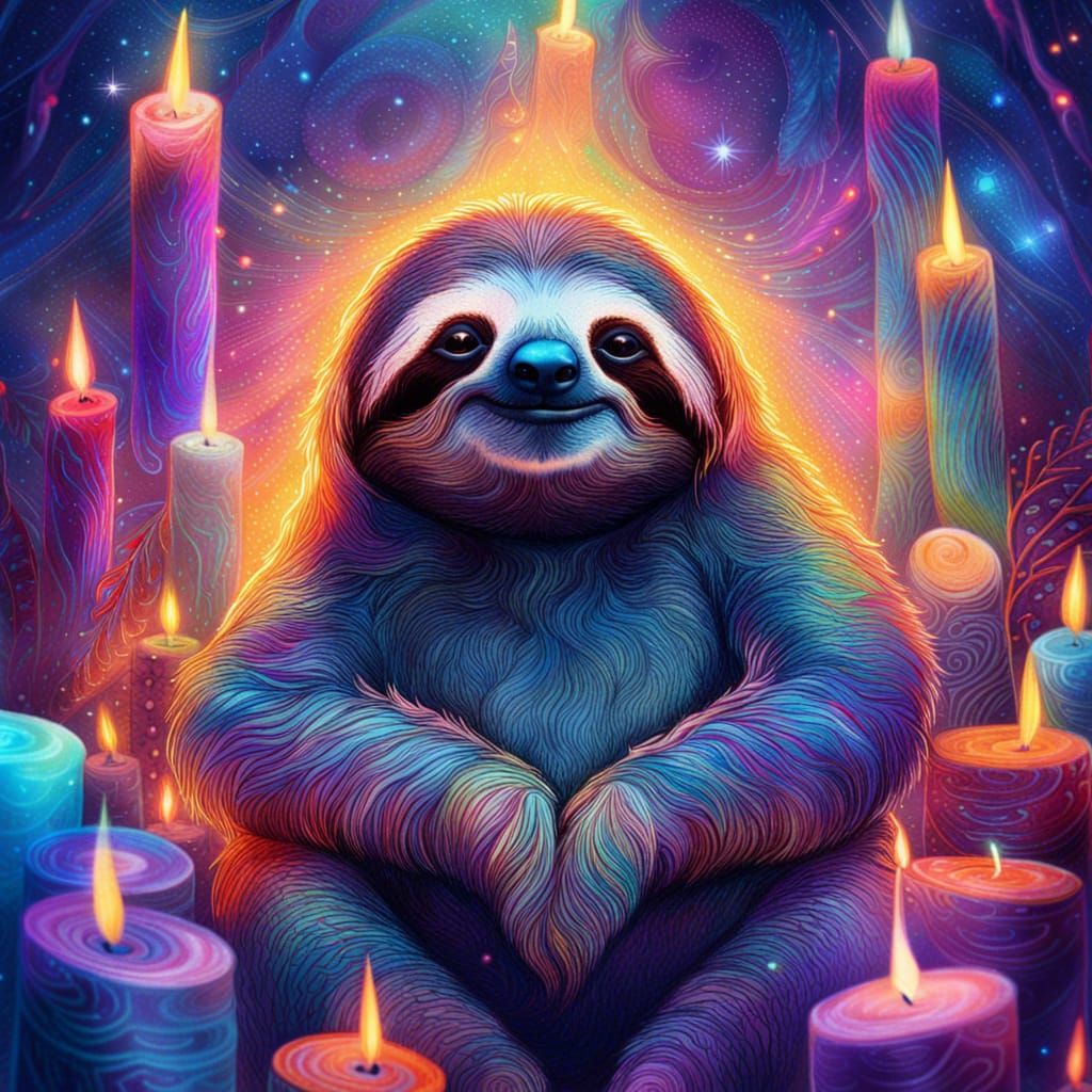 Sloth Among Shiny Candles: Pablo Amaringo Style