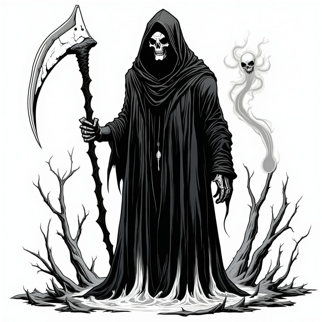 Friendly Grim Reaper with Scythe in Black and White