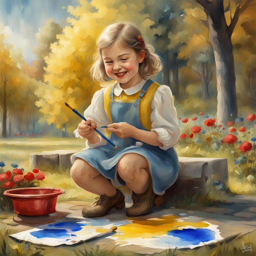 Girl Painting in Park: Kaván-esque 3D Watercolor