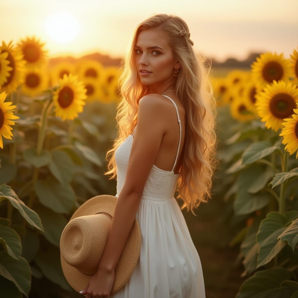 Woman in Sunflower Field: Impressionistic Romanticism