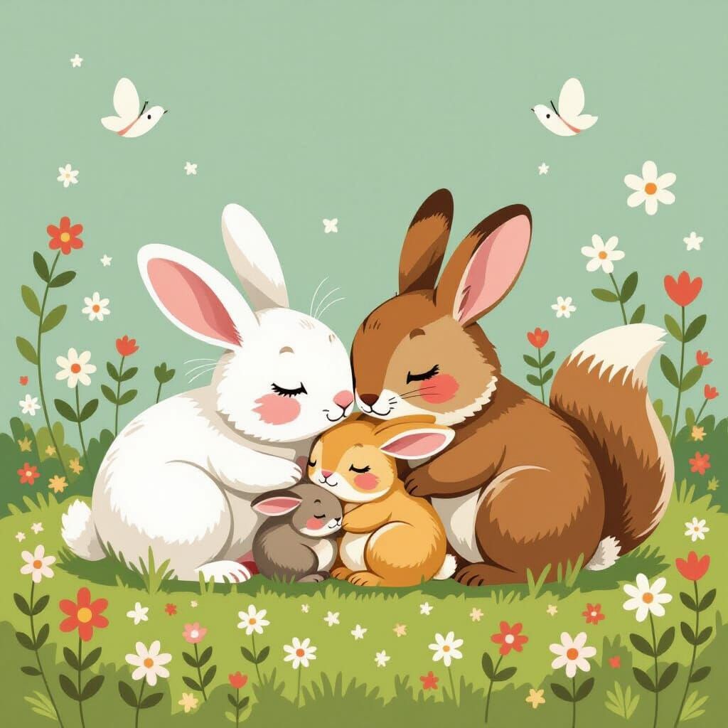 Whimsical Meadow Scene: Rabbits & Squirrels Sleeping