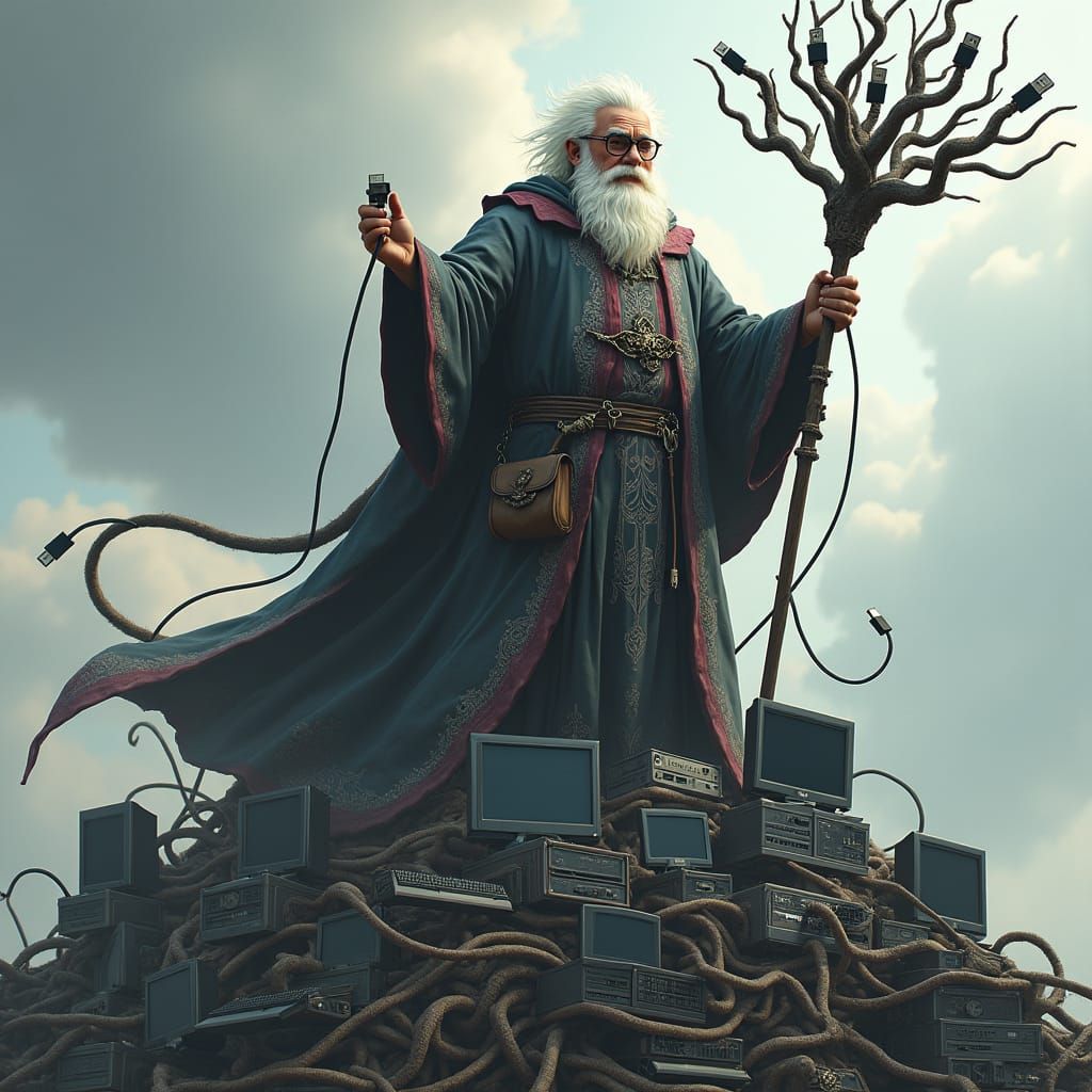 Technological Wizard on Mountain of Computers