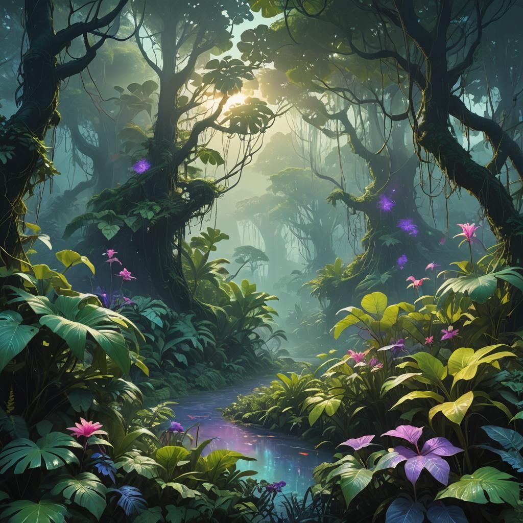 Lush Tropical Forest Concept Art in Emerald and Gold