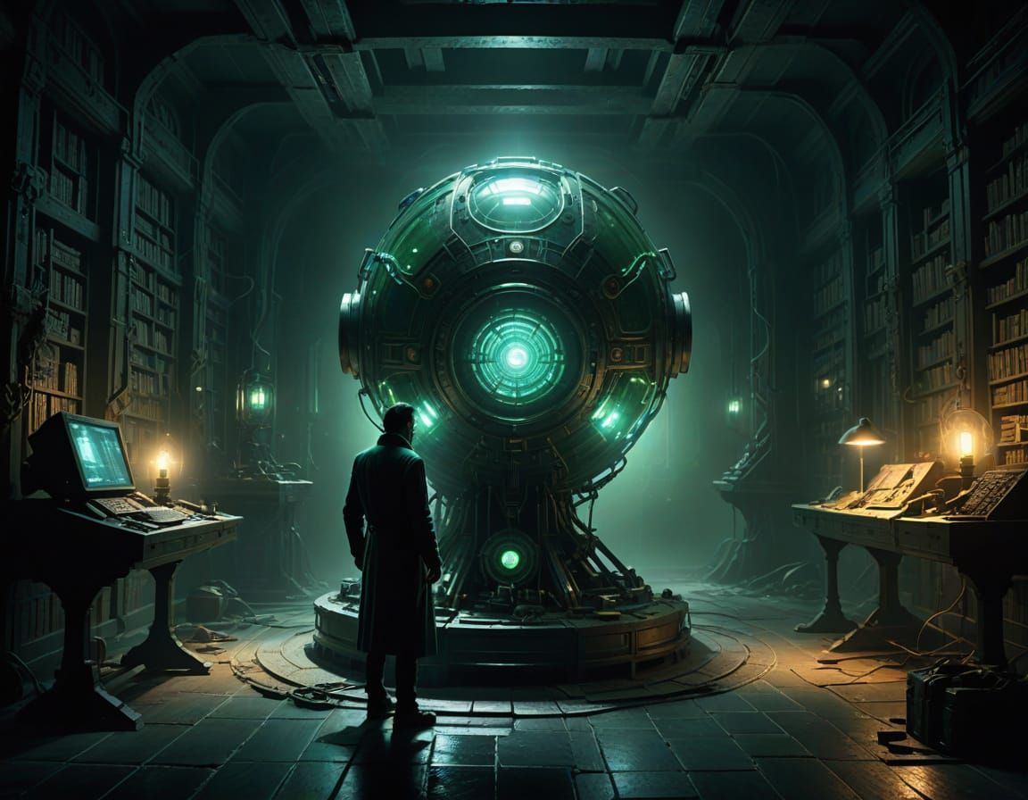 Eerie Sci-Fi Concept Art: Scientist and Glowing Artifact