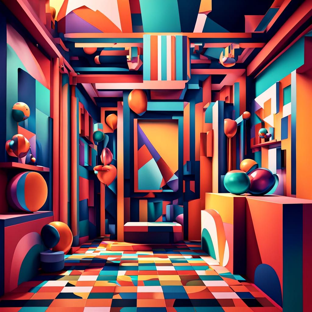 Cubist Masterpiece: Whimsical Gathering in Geometric Splendo...