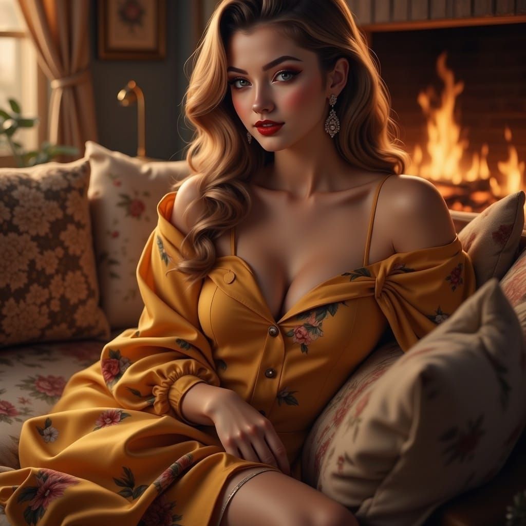 Woman Watching Netflix by Fireplace: Dreamlike Matte Paintin...