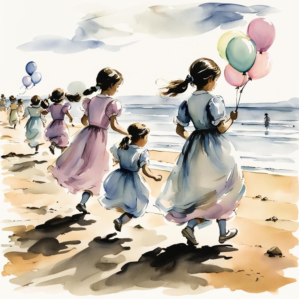 Victorian Girls on Beach: Sumi-e Ink Painting