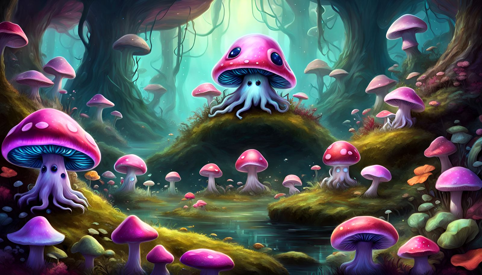 Cute Fungal Lovecraftian Beings in Dreamy Landscape