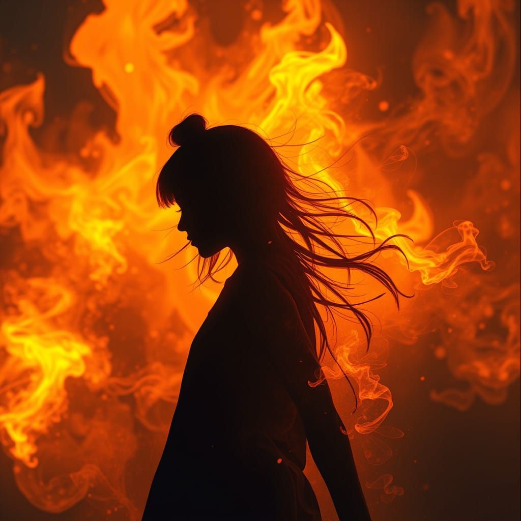 Girl Silhouette Amidst Blazing Inferno
