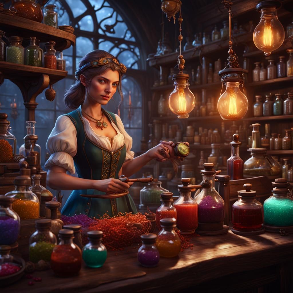 Cozy Potion Shop Girl: Fantasy Concept Art