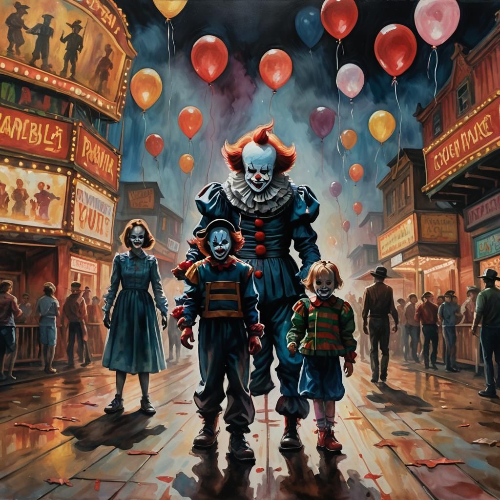 Eerie Carnival Scene with Horror Icons as Gouache Painting