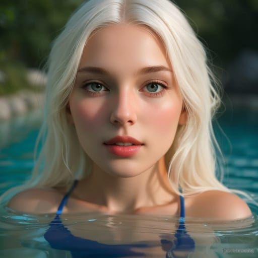 Pale Woman with White Hair Swims in Hot Spring, Prismatic Ey...