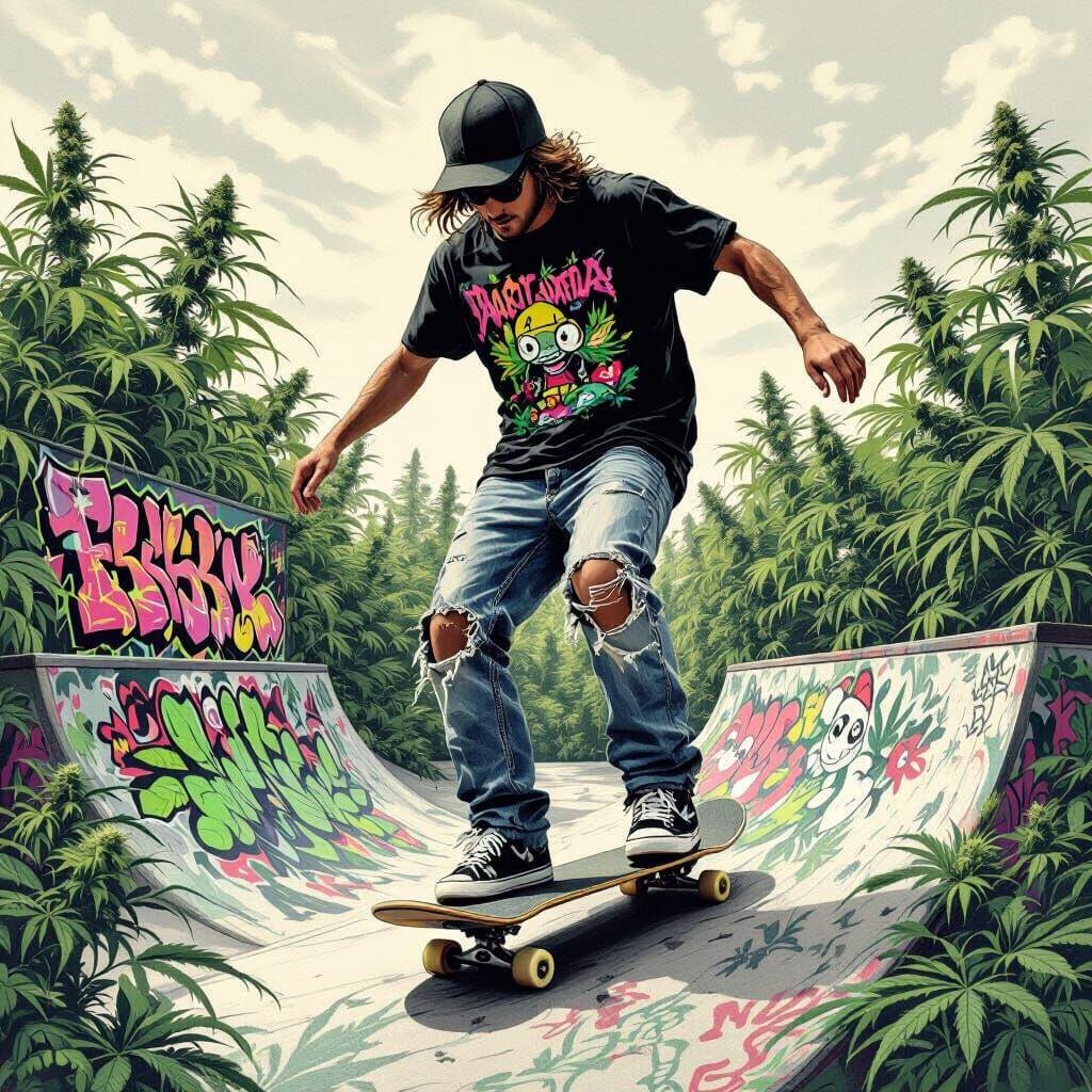 Skateboarder in Cannabis Skatepark, Charcoal Drawing