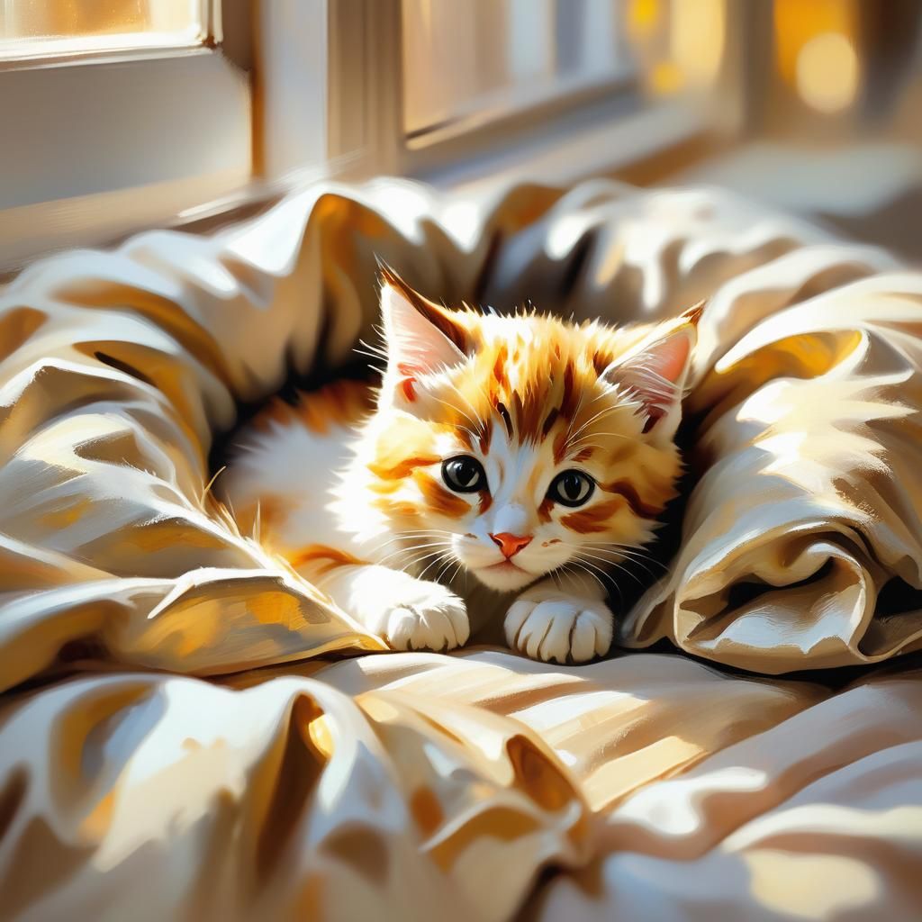 Kitten in Bed: Impressionist Oil Painting