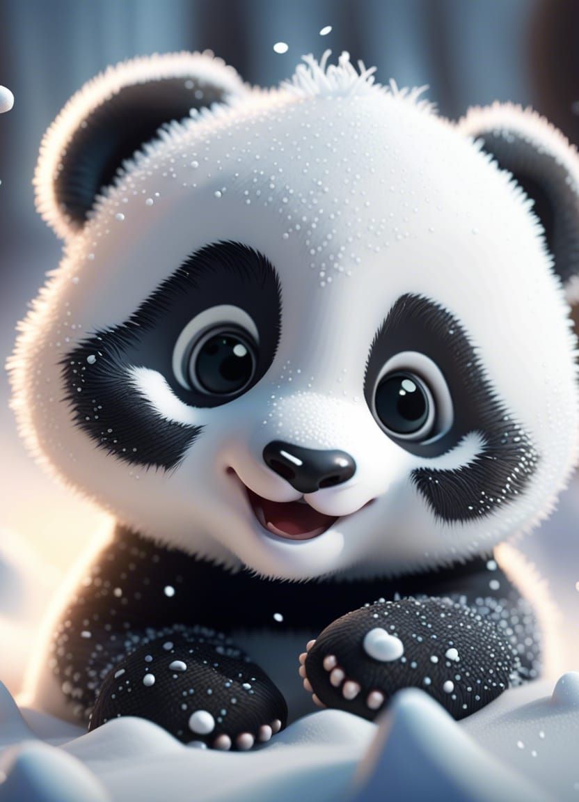 Cute Panda Baby Playing in Snow