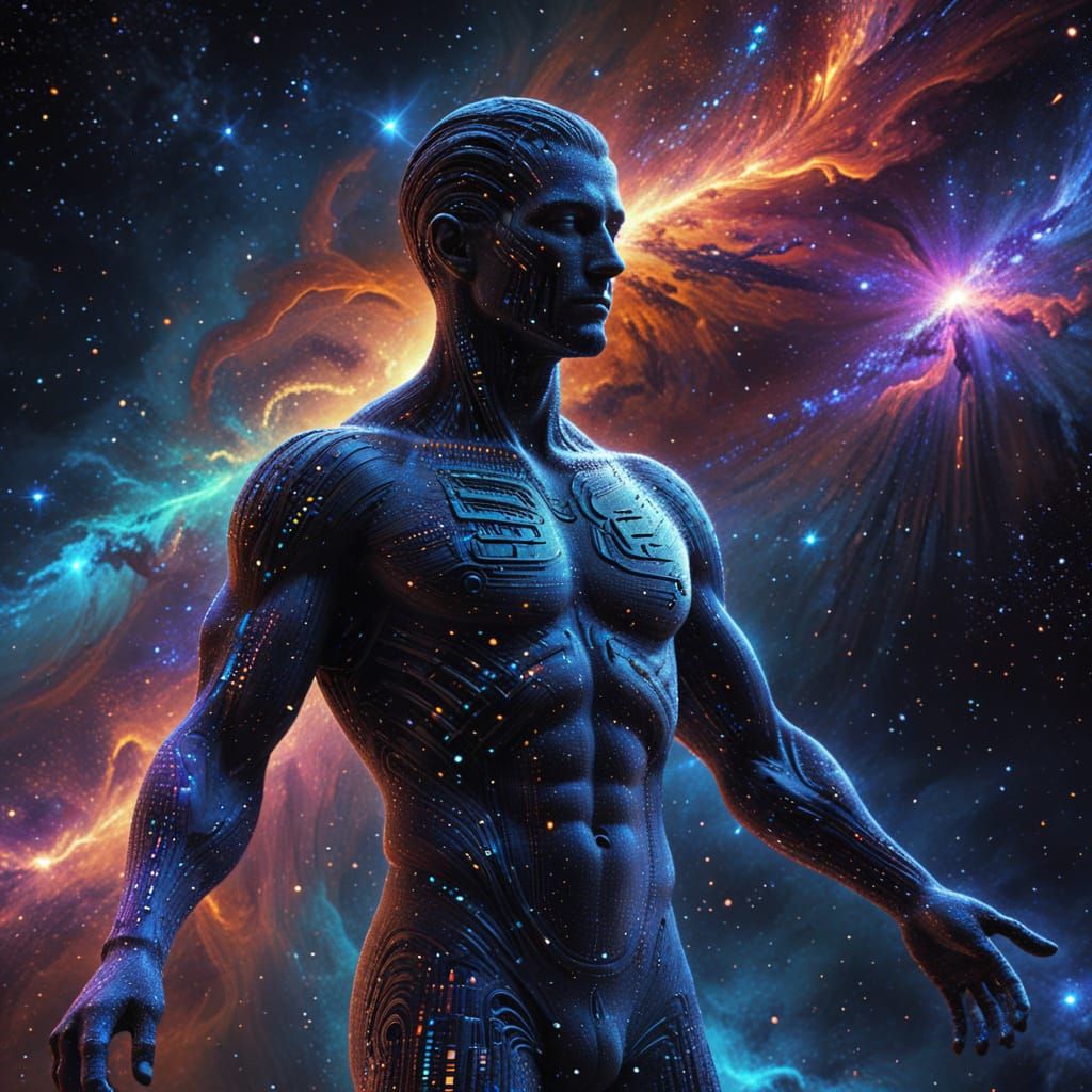 Man of Binary Code in Cosmic Nebula Digital Art