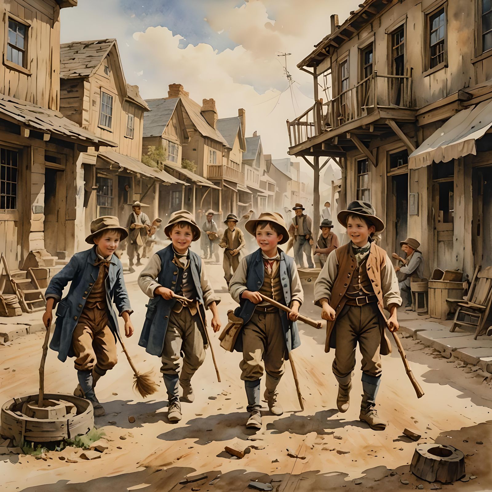 Charming Watercolor of Children Playing in Western Town