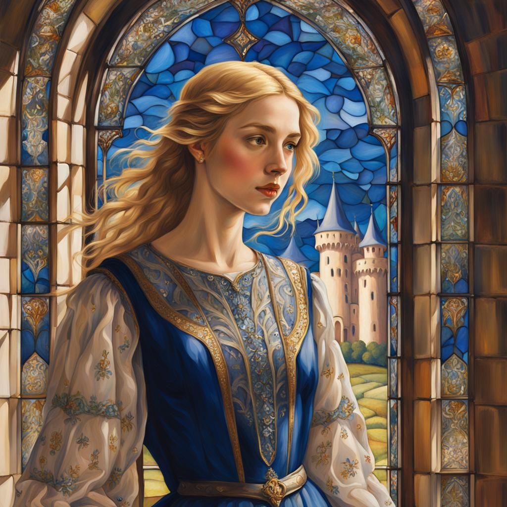 Medieval Girl in Castle, Art Nouveau Style