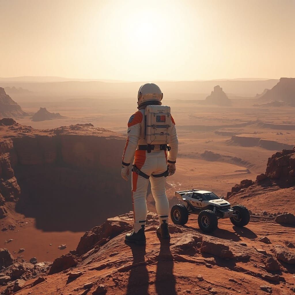 Astronaut Surveys Martian Canyon in Epic Concept Art