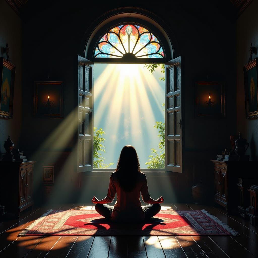 Meditating Woman in Dark Room with Light, Fantasy Concept Ar...
