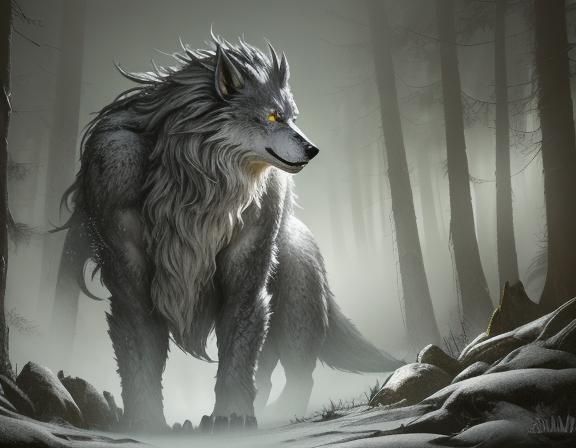 Silver Werewolf in Misty Forest: Digital Concept Art