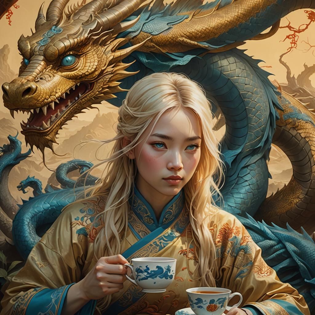 Chinese Girl and Dragon in Fantasy Landscape